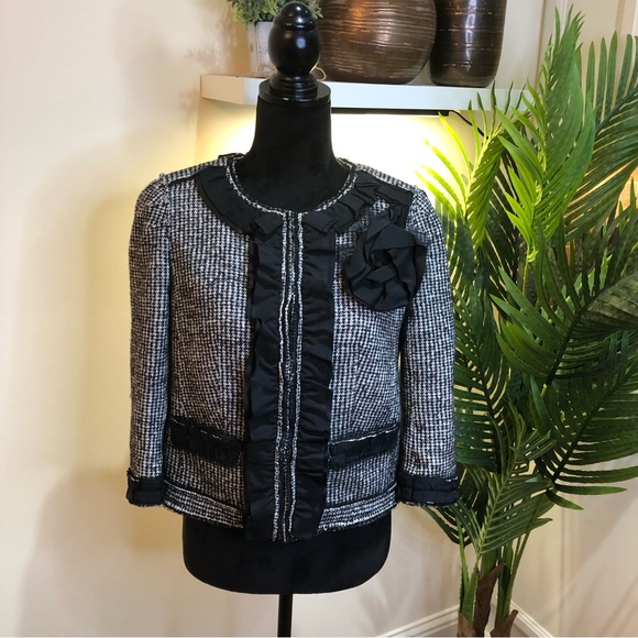 Ann Taylor Virgin Wool Blend Tweed Black White Gray Blazer Jacket w/ Floral 8 - Picture 2 of 11